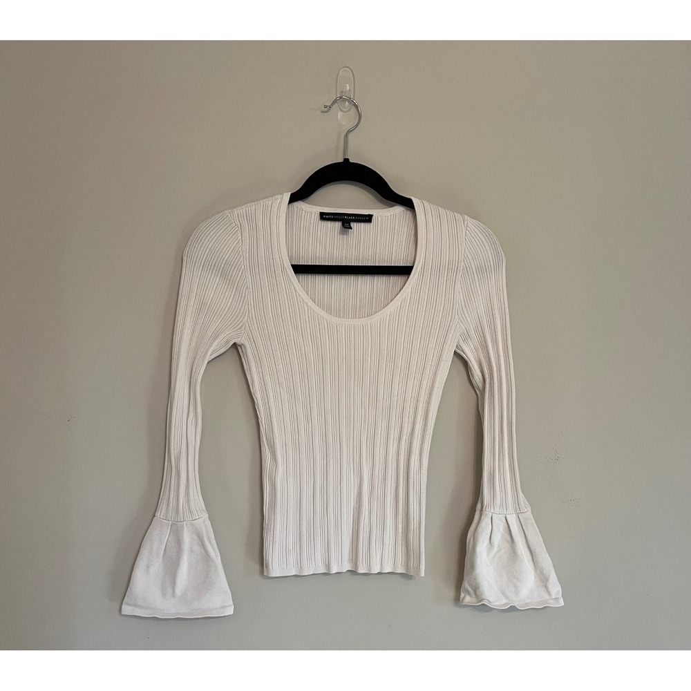 Babydoll Y2K Ribbed Knit Flare Sleeve Scoop Neck Top White XS
